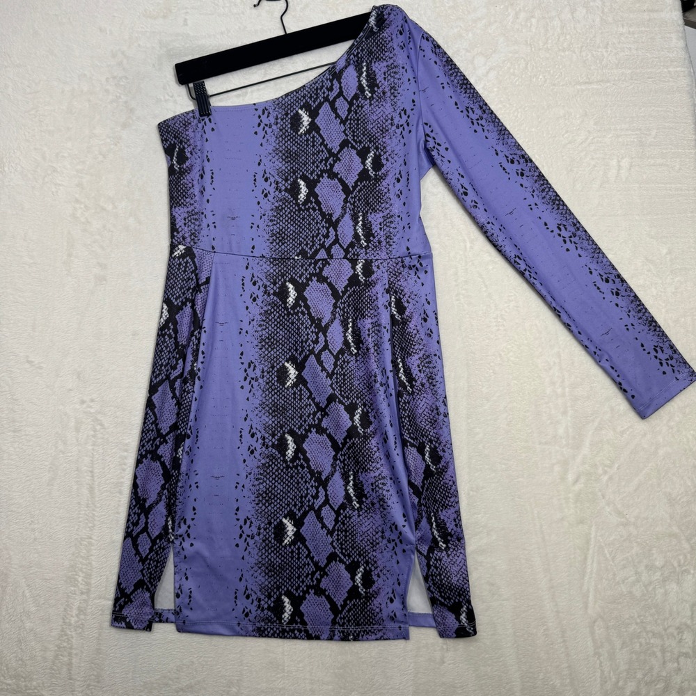 SHEIN Mini Dress Womens Large Purple Snakeskin One Shoulder Long Sleeve Bodycon